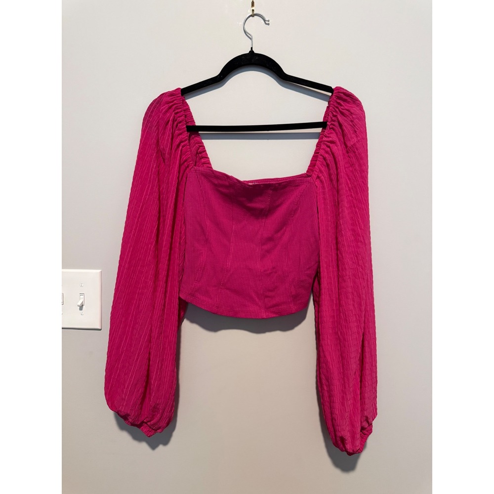 Urban Outfitters Magenta Pink Corset Crop Top Ribbed Balloon Sleeve L